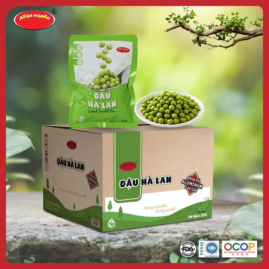 Thùng 24 gói đậu hà lan ASIA HOME tiện lợi, đậu nguyên hạt giữ vị ngọt tự nhiên, dễ dùng trực tiếp hoặc chế biến nhanh nhiều món ăn, phù hợp cho bữa ăn healthy hằng ngày của gia đình