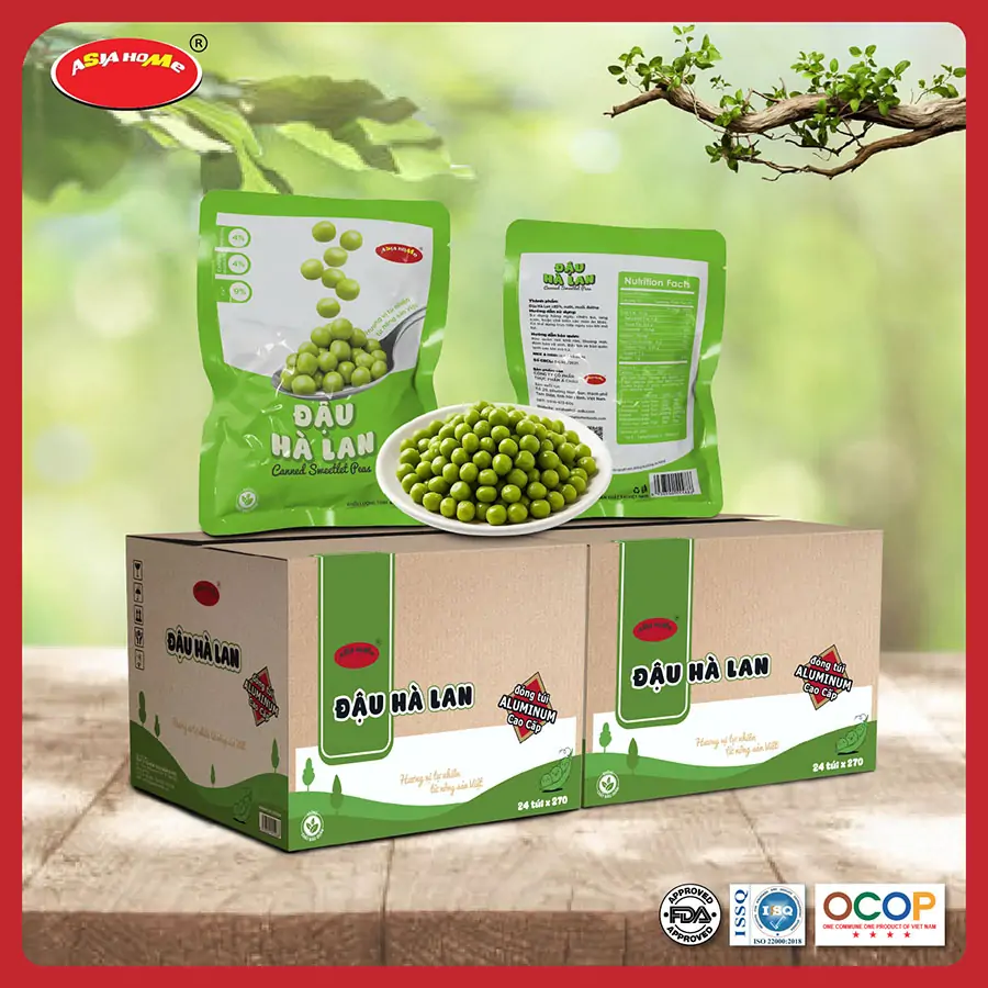 Thùng 24 gói đậu hà lan ASIA HOME tiện lợi, đậu nguyên hạt giữ vị ngọt tự nhiên, dễ dùng trực tiếp hoặc chế biến nhanh nhiều món ăn, phù hợp cho bữa ăn healthy hằng ngày của gia đình