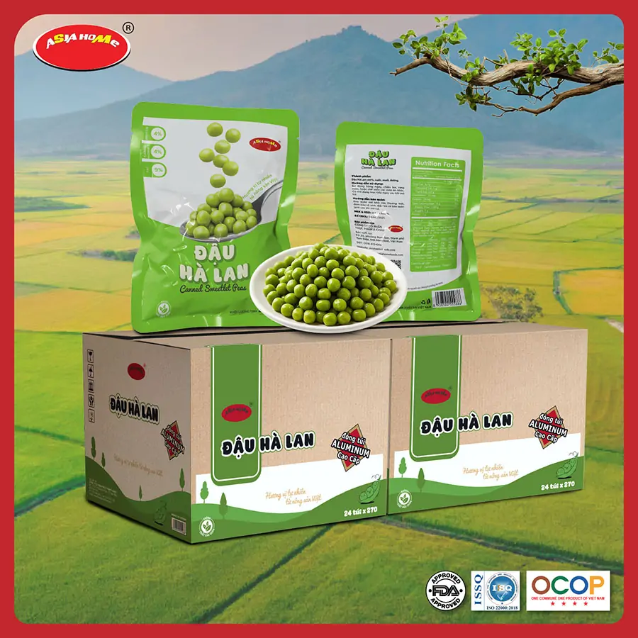 Thùng 24 gói đậu hà lan ASIA HOME tiện lợi, đậu nguyên hạt giữ vị ngọt tự nhiên, dễ dùng trực tiếp hoặc chế biến nhanh nhiều món ăn, phù hợp cho bữa ăn healthy hằng ngày của gia đình