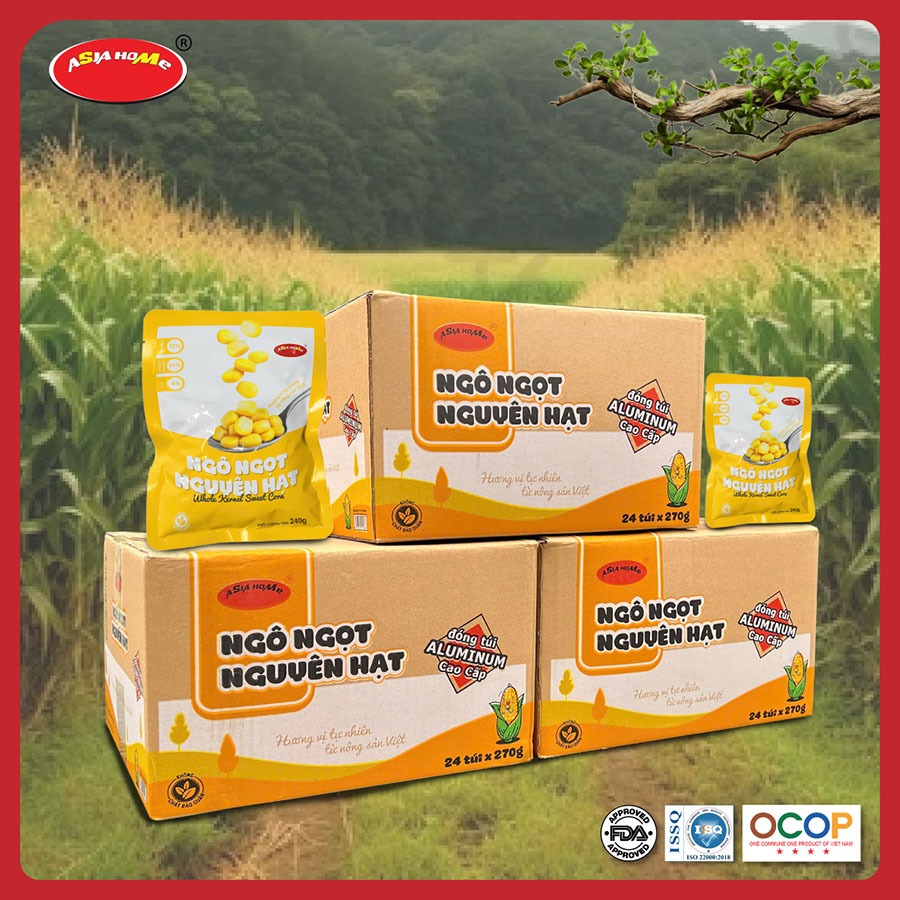 Thùng 24 gói ngô ngọt ASIA HOME tiện lợi, ngô nguyên hạt giữ trọn vị ngọt tự nhiên, dễ dùng trực tiếp hoặc chế biến nhanh, phù hợp cho bữa ăn healthy mỗi ngày
