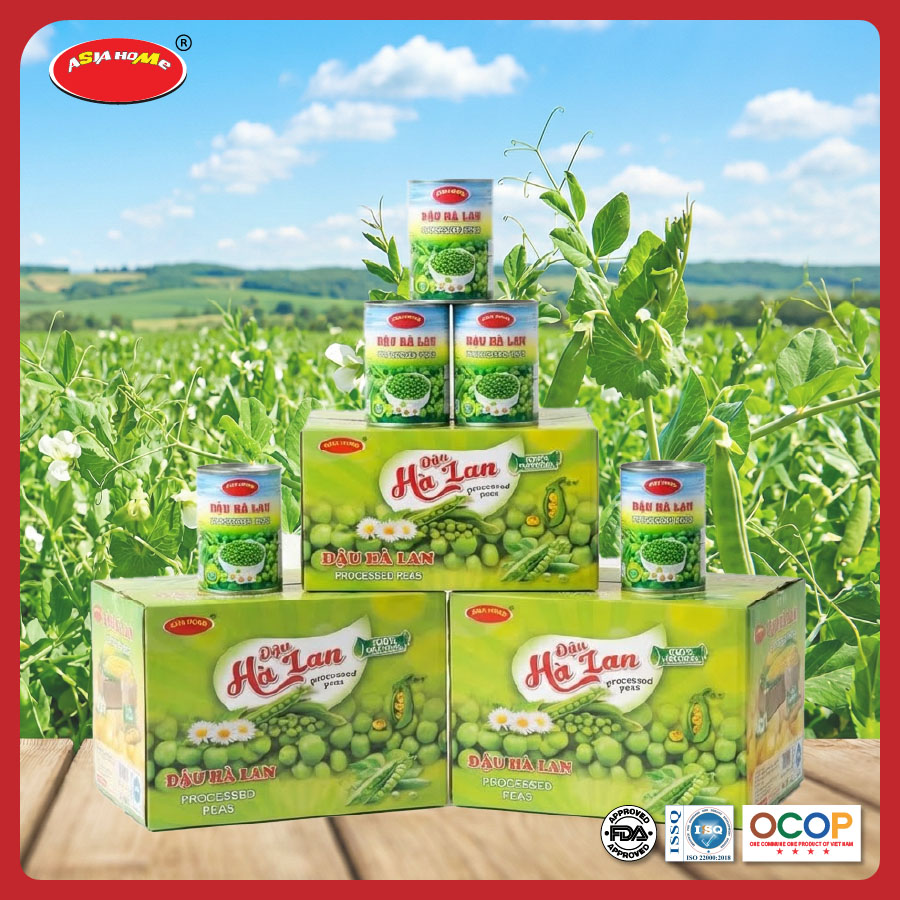Thùng 24 lon đậu hà lan ASIA HOME – đậu nguyên hạt tiện lợi, màu xanh tự nhiên, vị ngọt nhẹ, phù hợp bếp gia đình, nhà hàng và mô hình F&B theo xu hướng ăn uống lành mạnh.