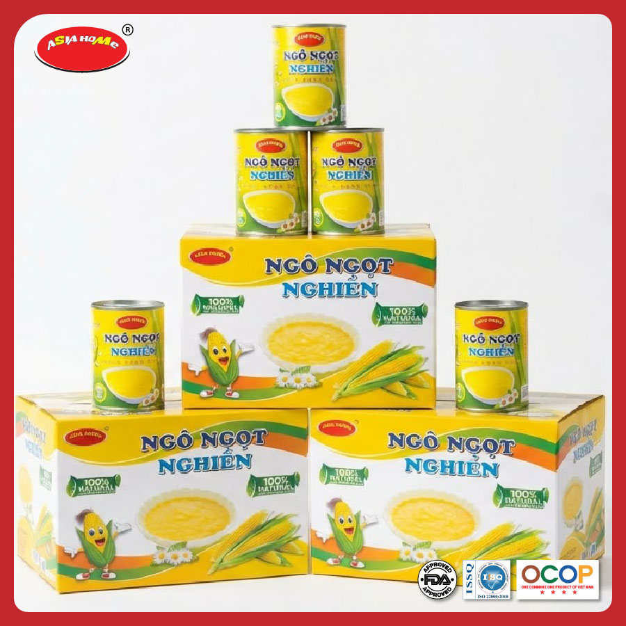 Thùng 24 lon ngô ngọt nghiền ASIA HOME 450g, giữ lớp cám tự nhiên, giàu chất xơ, tiện lợi dùng liền hoặc chế biến cho gia đình và bếp ăn.
