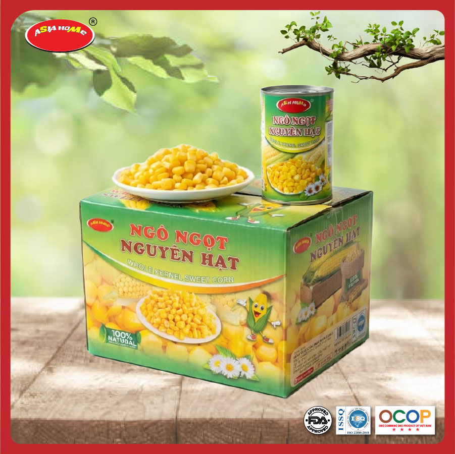 Thùng 24 lon ngô ngọt nguyên hạt ASIA HOME 450g, hạt ngô ngọt tự nhiên, tiện lợi dùng liền hoặc chế biến, phù hợp gia đình và bếp ăn kinh doanh.