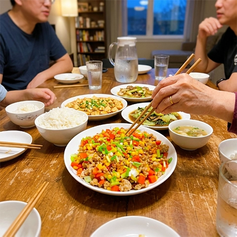 Ngô xào thịt băm trong bữa cơm gia đình