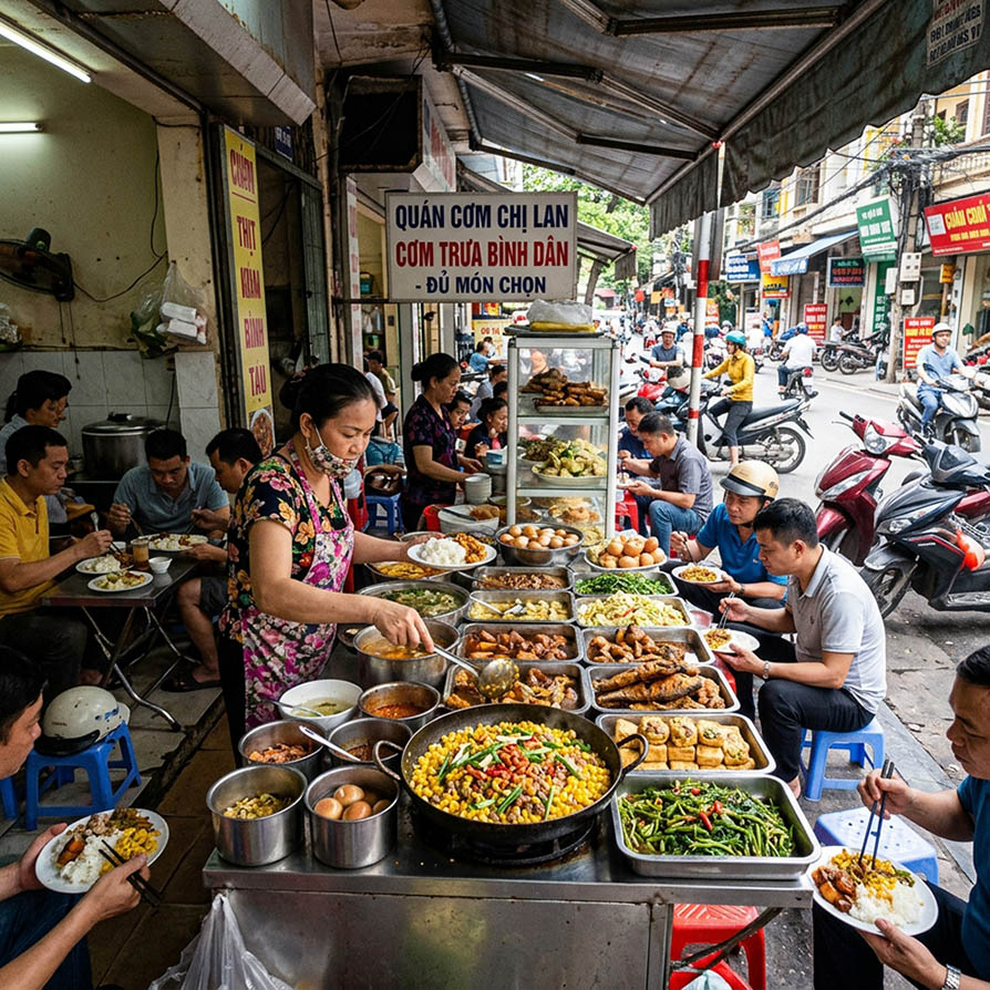 Ngô xào thịt băm tại quán cơm bình dân đông khách, món ăn quen thuộc dễ bán, phù hợp kinh doanh quán ăn vỉa hè